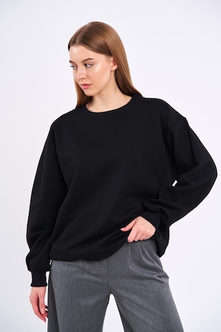 Comeor Siyah Kadın Pamuklu Oversize Basic Bisiklet Yaka Sweatshirt Siyah