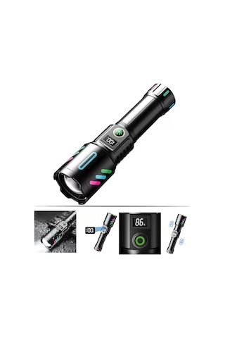 WS-9944 Uzun Menzilli Şarjlı Metal El Feneri, Dijital Şarj Göstergeli Profesyonel El Feneri 4800 mAh Pil 2000 Lümen Siyah