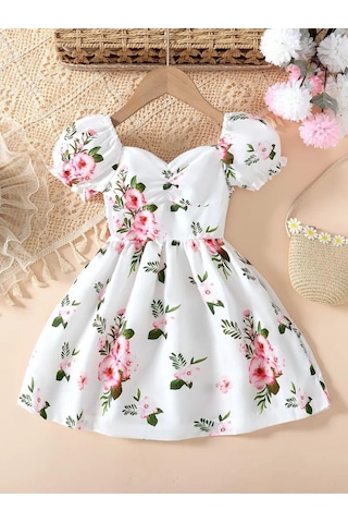 Camaguey Renkli Kız Çocuk Elbisesi - Kız Çocuk Yazlık Çiçekli Elbise - Mezuniyet Elbisesi A.Yeşil