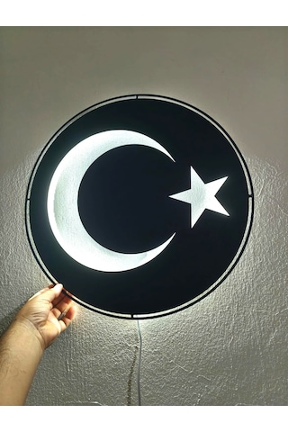 Motto Dekor Lazer Kesim Metal Türk Bayrağı Görselli Beyaz Led Işıklı Duvar Dekoru Duvar Aydınlatması Siyah