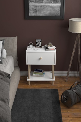 Düşer Kapaklı Raflı Modern Komodin Yatak Odası Başucu Düzenleyici Ahşap Ayaklı Yan Sehpa - Beyaz Beyaz
