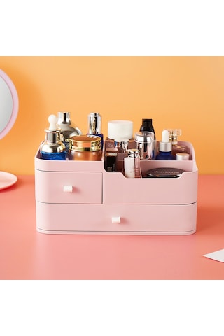 Youtek Masaüstü Makyaj Ve Bakım Ürünleri Depolama Kutusu - Çekmeceli Plastik Organizer - Basit Tasarım - Pembe Pembe