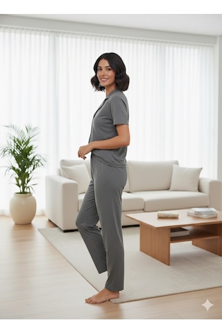 Kadın Gri Düğme Detaylı Pijama Takımı Gri