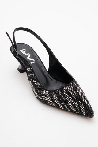 Luvishoes Luvi Shoes Ushes Siyah Saten Taşlı Kadın Kısa Topuklu Abiye Ayakkabı Siyah