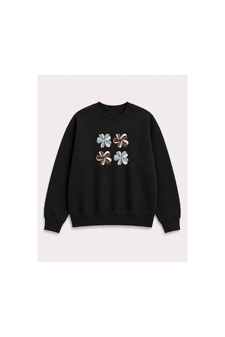 Herkesemoda Çiçek Baskılı 2 İplik Şardonlu Bisiklet Yaka Sweatshirt Siyah