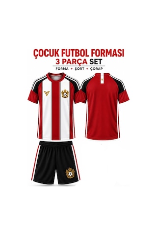 Sonvadi Çocuk Futbol Forması Takımı Kırmızı Beyaz 3 Parça Çorap Kırmızı