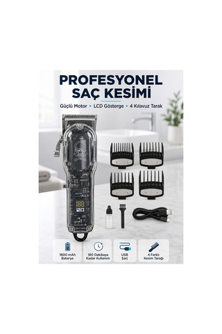 Profesyonel Erkek Tıraş Makinesi Güçlü Motorlu Lcd Göstergeli 1800 Mah