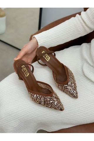 Ervanın Butiği Taba Pullu Wely Lastikli Kadın Stiletto-6237 Taba Cilt