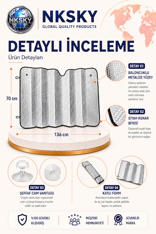 Nksky Oto Ön Cam Güneşliği 136x70 Cm Vantuzlu Katlanabilir Baloncuklu Metalize Araba Güneşlik Perde