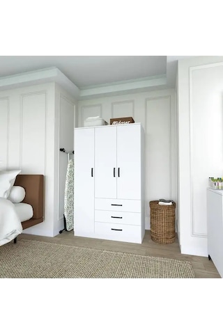Easy Mat Beyaz 3 Kapılı 3 Çekmeceli Çok Amaçlı Elbise Dolabı Beyaz