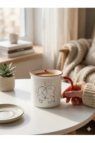 Romantik Çift Tasarımlı 370 Ml Porselen Kupa Kırmızı Kulplu Sevimli Aşk Temalı Kahve Kupası Açık Beyaz