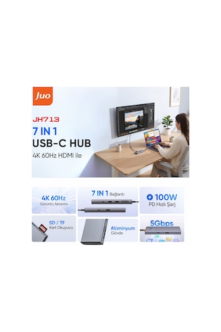 Juo Type-c 7 Portlu 4k 60hz Hdmı Sd Microsd Kart Okuyucu 100w Pd Type-c Ve 2 Usb 3.2 Çoklayıcı Hub Dönüştürücü