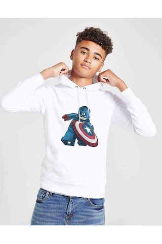 Tshirthane Captain America Lego Baskılı Unisex Çocuk Kapüşonlu Beyaz Sweat