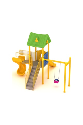Dış Mekan Çocuk Oyun Parkı 6.5x5.5m, Ev Çatılı Model-63 Çok Renkli