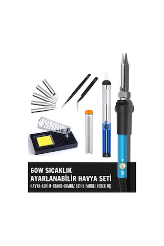 ST-60 Profesyonel 60W Isı Ayarlı Kalem Havya + Stand + Lehim Pompası + Lehim + Cımbız + 5 Kaliteli Uç