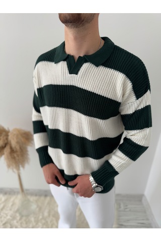 Say-Has Fashion Rahat Kalıp Erkek Polo Yaka Çizgili Triko Kazak Koyu Yeşil