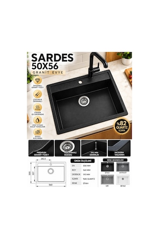 Granit Evye Sardes Series Antrasit Renk En:50 Mm Boy :61 Mm Derinlik :195 Mm Gri