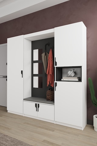 Lüks Aynalı Portmanto Askılı Vestiyer %100 Mdf Çok Raflı Ayakkabılık V04 Beyaz - Antrasit