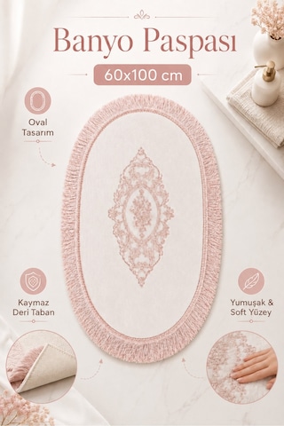 Pudra Dantelli Kaymaz Deri Tabanlı Oval Banyo Paspası Püsküllü Yıkanabilir Banyo Takımı Simela