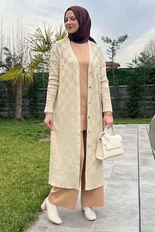 Rabia Şamlı Dama Desenli Taş Triko Hırka Çok Renkli