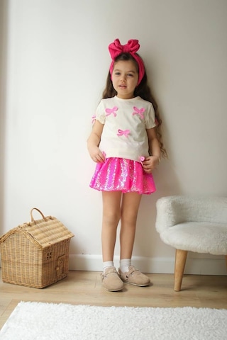 Kız Çocuk Şeker Pembe Parlak Payet Kumaş Balon Etek Fiyonk Nakışlı T-shirt Altüst Takım Pembe