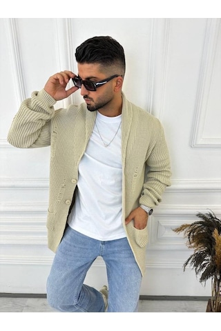 Elku Moda Hırka Örgülü Şal Yaka Cepli Lazer Kesim Yırtık Detaylı Tüylenmez Örgü Triko Hırka Krem