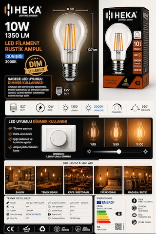 1 Adet Heka 10w Günışığı 3000k E27 Duylu Dim Edilebilir Led Rustik Ampul