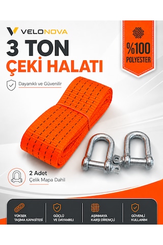 3 Ton Kırmızı Çekme Halatı 3 Metre 5 Cm Genişlik 2 Adet Çelik Mapa Dahil %100 Polyester Araç Kurtarma Halatı