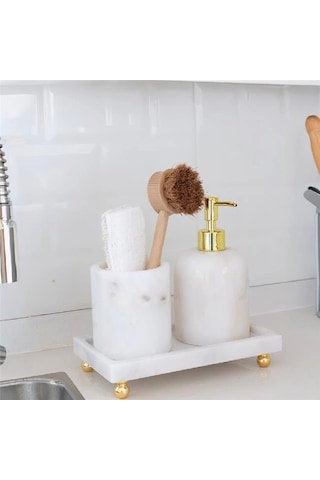 Akayev Mermer Beyaz 3 Parça Gold Ayak Banyo Seti Mutfak Sıvı Sabunluk Seti Beyaz