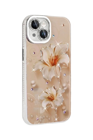 Apple Uyumlu  iPhone 15 İle Çiçek Desenli Parlak Taşlı Sert Silikon Kapak
