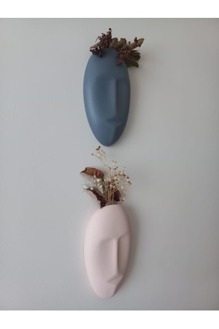 Dekoratif 2'li Yüz Duvar Vazosu, Duvar Süsü ,heykel Aksesuar Gri Bej