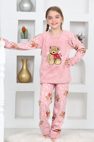 Kız Çocuk Welsoft Kumaş-göz Bantlı Ayıcık Baskılı Pijama Takımı 12293 Gül Kurusu