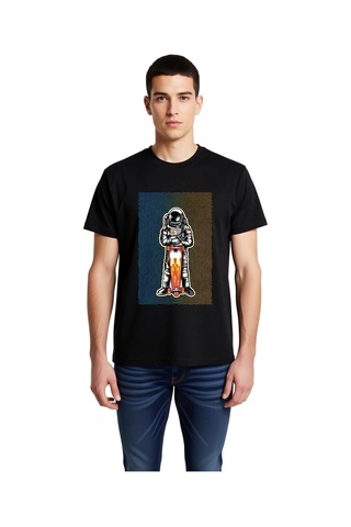 Paybuy Erkek Astronot Kaykay Baskılı Tişört %100 Pamuk Rahat Kesim Kalın Siyah