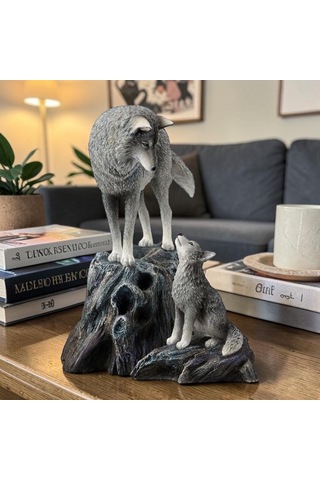Dekoratif Kurt Ve Yavrusu Biblo Wise Veronese Poliresin Vahşi Yaşam Figürü 24,5 Cm .