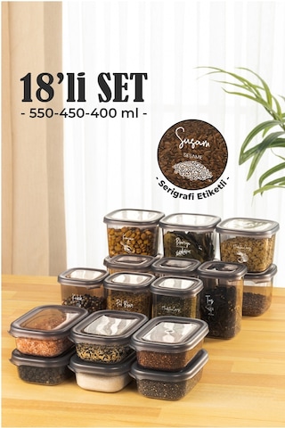 Vienev 18li Süper Set Baharat Saklama Kabı Seti Avantajlı Paket 6x 0,40, 0,45, 0,55 L Etiketli Şeffaf