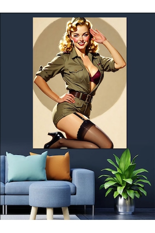 Askeri Üniformalı Seksi Pin-up Dekoratif Kanvas - Mdf Ahşap Tablo
