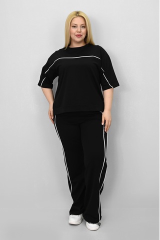 Kadın Büyük Beden Kısa Kollu Ara Biye Detaylı Bol Paça Eşofman Takımı 8189-25 Siyah