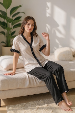 Bella Notte Pamuklu Düğmeli Siyah Biyeli Yazlık Pijama Takımı