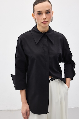 Sateen Düğme Detaylı Gömlek - Siyah-137149 Siyah