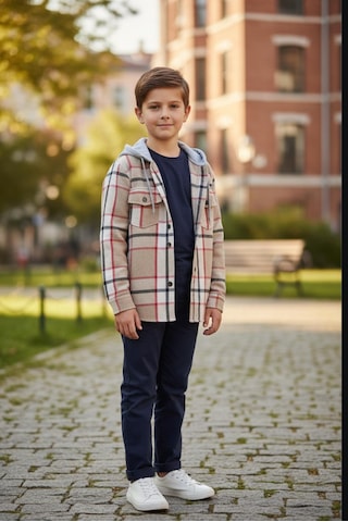 Gala Kolu Lastikli Kapüşonlu Ekoseli Unisex Çocuk Gömlek Kahverengi