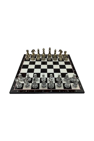 Gifthome Premium Battal Boy Metal İşlemeli Klasik Satranç Takımı Ve Katlanır Ceviz Desenli Mdf Satranç Tahtası 43x43 Cm.