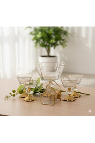 Çnr Home Collection Karen 7 Parça Döküm Ayaklı Sunumluk Seti Magnolia Dondurmalık Jup & Salata Kase Seti Gold