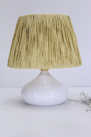 Üzüm Abajur Rafya Başlık Metal Elips Ayak Bej Beyaz