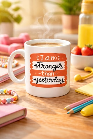 I Am Stronger Than Yesterday Motivasyon Kupası Model 136 İlham Veren Tasarım, Porselen Kahve & Çay Kupası G Düz Renkli