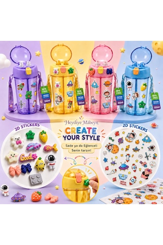 Heydiye Mâbeyn İkili Suluk 550 Ml Tritan Bpa-bps Free Matara, Çift Hazneli, Çift İçim Kapaklı, Bilek Ve Boyun Askılı, Sticker & 3d Figür Hediyeli Sarı