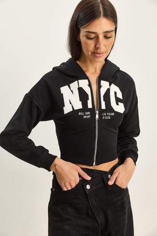 Shade Kadın Nyc Nakışlı Üç İplik Şardonlu Kapüşonlu Crop Hırka 6942 60283794 - Siyah