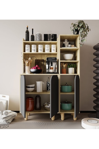 Parma 3 Kapaklı Mutfak Dolap, Kahve Köşesi, Çok Amaçlı Dolap Safir Meşe-antrasit