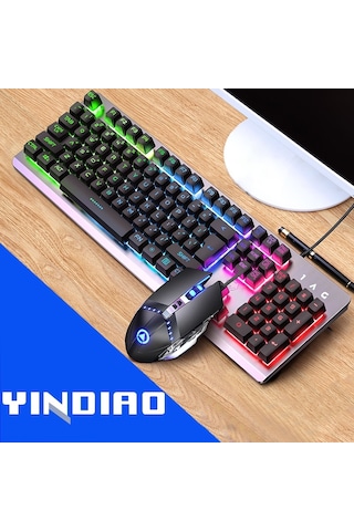 Yındıao K002 Usb Kablolu Mekanik Hissediyorum Rgb Arkadan Aydınlatmalı Klavye + Optik Sessiz Fare Seti Siyah