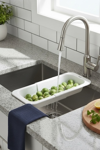 Sieve Beyaz - Pratik Ayarlanabilir Sürgülü Lavabo Süzgeci - Meyve Sebze Yıkama Aparatı Beyaz