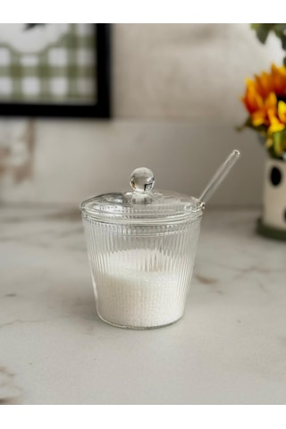 Morponi Borosilikat Cam Kaşıklı Cam Kapaklı Çizgili Tuzluk & Şekerlik